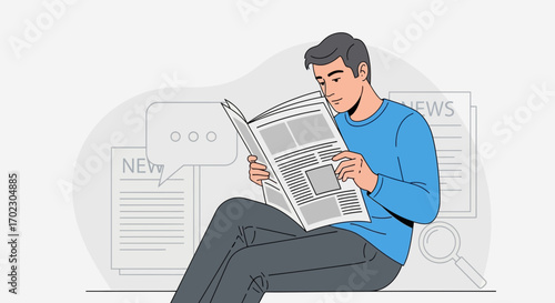 Man Absorbed In Reading News, Depicting Information Consumption And Media Comprehension