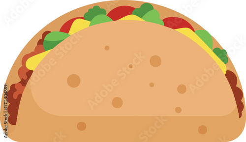 A simple vector illustration of a classic hard-shell taco with meat, cheese, lettuce, and tomato fillings.