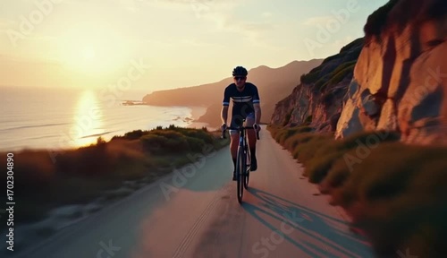 Cyclist Riding on Coastal Road During Sunset in Scenic Nature Setting