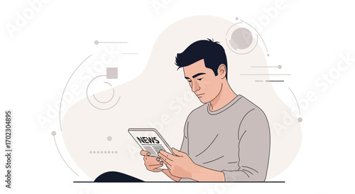 Man Absorbed In Reading Digital Media Updates On A Tablet Device News Illustration