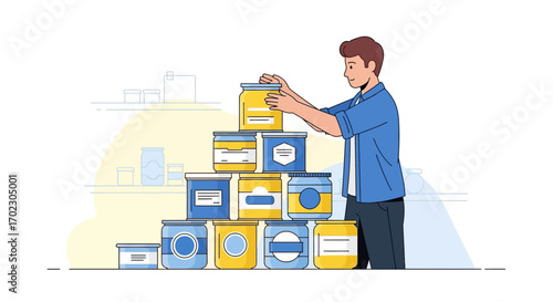 Man Arranging Jars, Displaying Goods, Illustrating Stock and Product Management Successfully