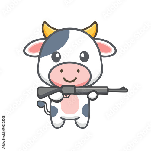 A cute cartoon cow holding a rifle in an illustration, playful and potentially mischievous. A whimsical depiction of a farm animal with a firearm