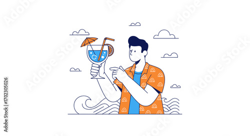 Man at the beach holding cocktail drink, summer vacation illustration design