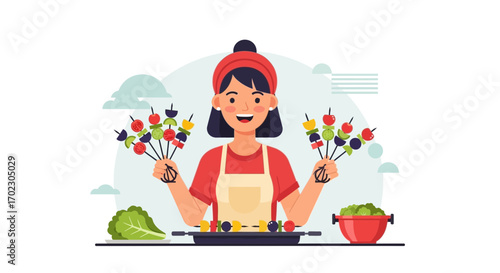 Illustration of a woman preparing and holding skewers of fresh grilled food and vegetables