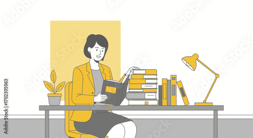 Illustration of a woman reading a book at a desk with a plant and books around her