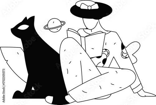 Elegant woman reading with her cat and a planet, creating a modern and unique design, perfect for book lovers and those who appreciate minimalist art and whimsical illustrations