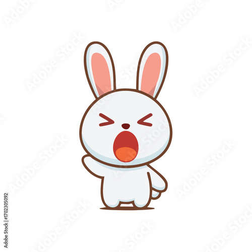 A cartoon bunny expressing emotions with open mouth and hand up