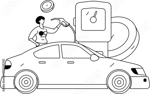 Filling up the car at the gas station with a stylish minimalistic design, a modern transportation scene illustrating convenience and routine, perfect for automotive and lifestyle content