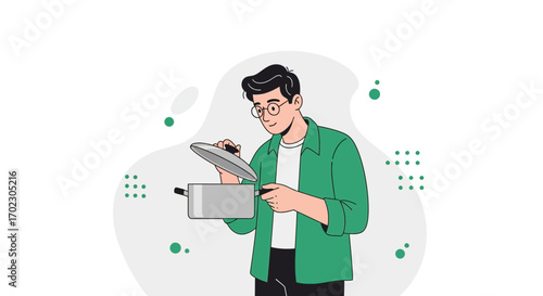 Man cooking food in the kitchen, opening a pot's lid, food illustration