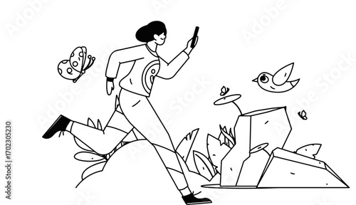 Energetic woman jogging with phone through a whimsical landscape filled with cartoon birds, butterflies and foliage, embracing nature and technology on a sunny day