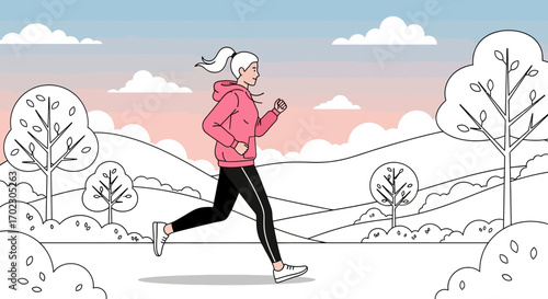 Illustration of a woman running outdoors during sunset for health and fitness