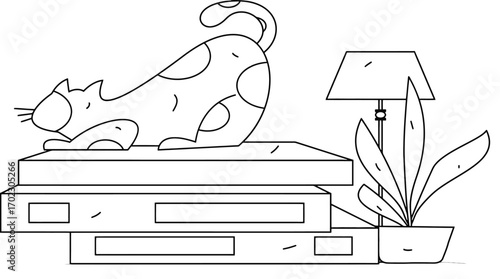 Playful cat stretching on stacked books near a cozy reading lamp and potted plant, creating a charming and inviting atmosphere for book lovers and pet owners alike in minimalist style
