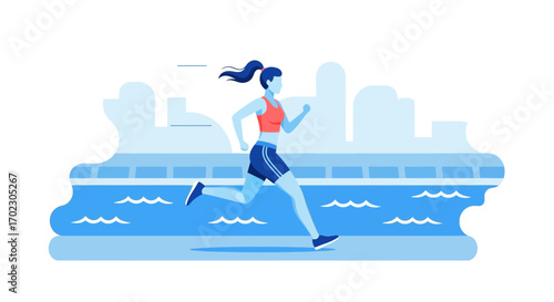 Illustration of a woman running outdoors in a minimalist and vibrant blue design