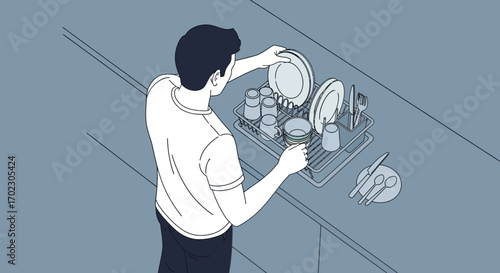 Man drying dishes illustration cleaning kitchen household chores lifestyle concept