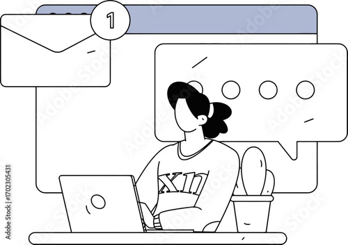 Modern woman working on laptop with email and messages, perfect for illustrating online communication, remote work, and digital lifestyle concepts in a clean, minimalist style