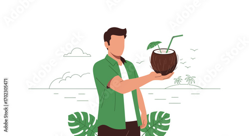 Man enjoying a coconut drink on a tropical beach illustration vector concept