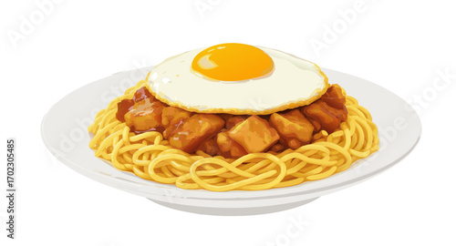 Delicious Spaghetti with Chicken and Fried Egg.