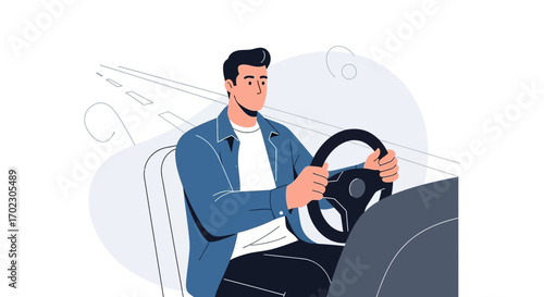 Man Driving Car Behind The Steering Wheel With Animated Lines Depicting A Journey