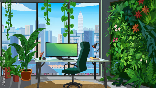 Modern green office interior with vertical garden and city view