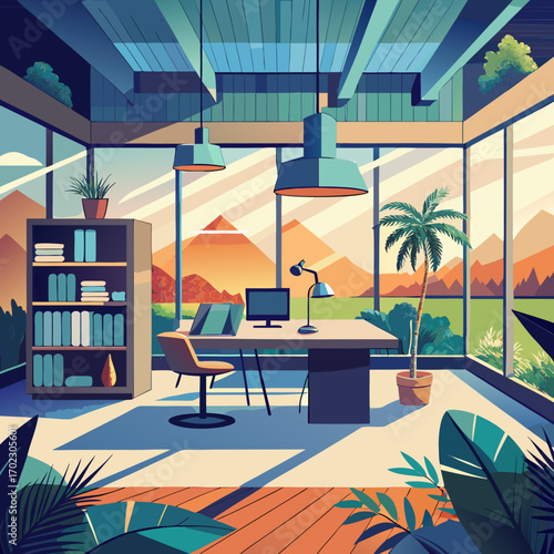 Serene office oasis vector illustration with natural light and tropical views