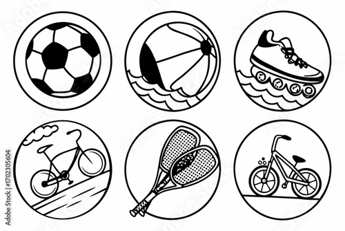 Collection of circular icons representing sports and outdoor activities