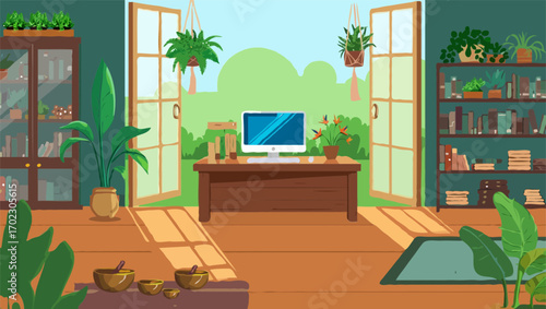 Cozy home office with computer and bookshelves sunlight streaming in vector illustration