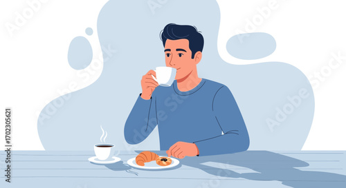 Man enjoying coffee and breakfast with a croissant and a sweet treat illustration