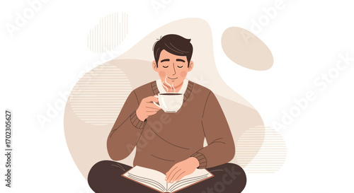 Man enjoying coffee while reading a book in a relaxing and cozy environment