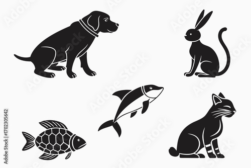 Collection of black silhouettes of domestic and wild animals