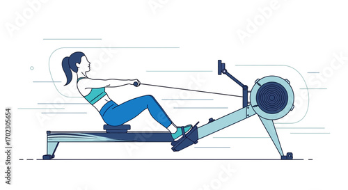 Illustration of a woman using a rowing machine for fitness and exercise