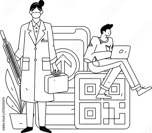 Doctor with thermometer and briefcase stands next to man using laptop on QR code, showcasing modern telehealth and remote healthcare solutions, perfect for tech-forward medical practices