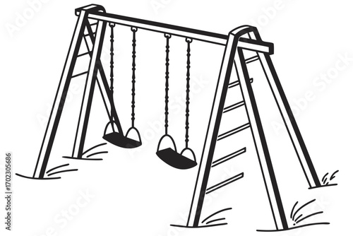 Simple black and white illustration of a playground swing set with two swings