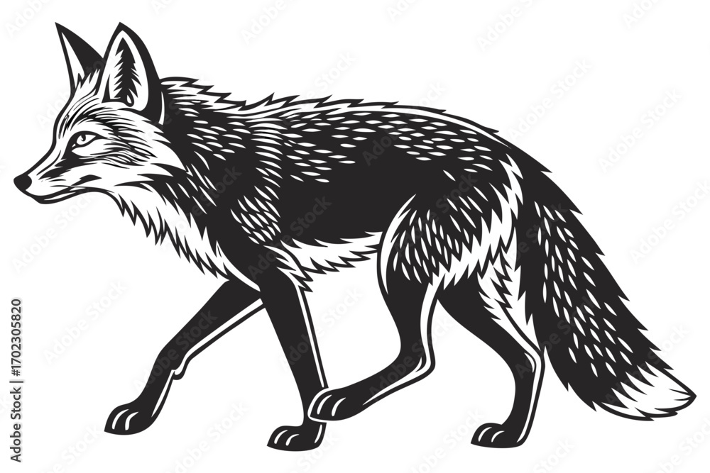 Fototapeta premium Stylized black and white fox illustration walking