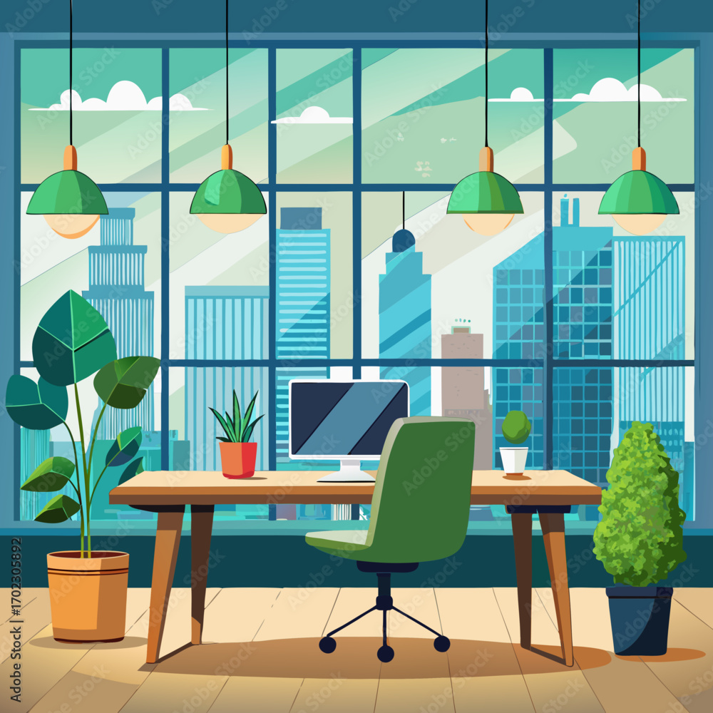 Fototapeta premium Modern office interior vector illustration with cityscape view desk chair and plants