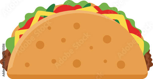 Illustration of a taco with lettuce, cheese, tomatoes, and meat.