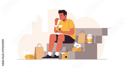 Man enjoying takeout food sitting on stairs with paper bags and coffee cup in vector art