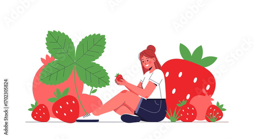 Illustration of a woman with a strawberry and big strawberries, food concept