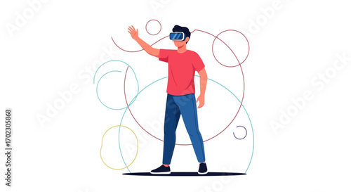 Man experiencing virtual reality through vr headset, colorful illustration concept