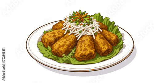 Delicious Fried Food on a Plate with Lettuce and Garnish.