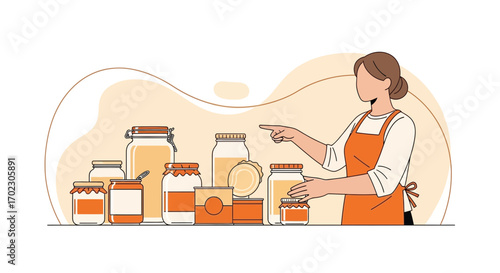 Illustration of a woman with jars, suggesting food preservation and homemade products