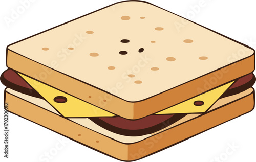 An isometric cartoon illustration of a square sandwich with meat and cheese slices on white bread.