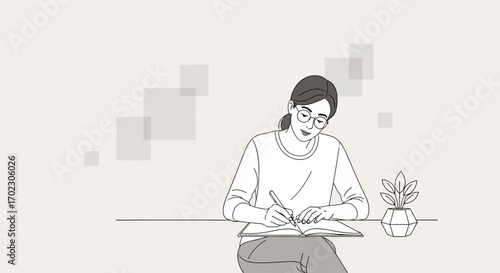 Illustration of a woman writing in a notebook with a plant on a table in front of her