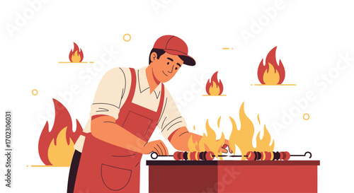 Man Grilling Kebab, Summer BBQ, Cooking Outdoors, Food Preparation with Flame Illustration
