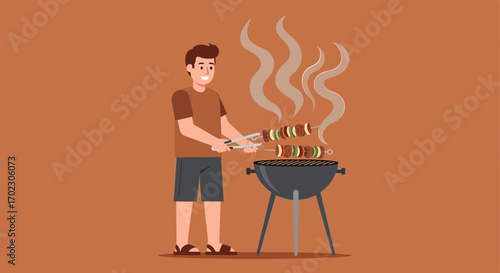 Man Grilling Kebabs On A Charcoal Barbecue, Backyard Cookout During Summer