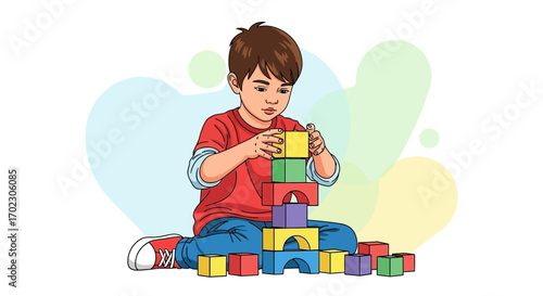 Illustration of a young boy building a tower with colorful wooden blocks vector