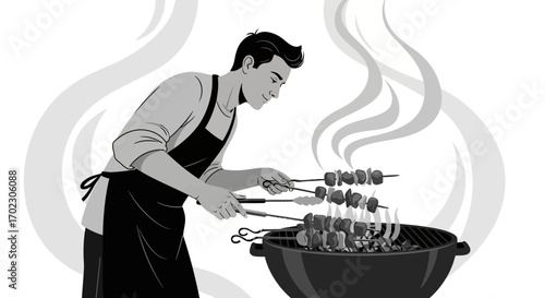 Man grilling kebabs on a barbecue, cooking food and eating outdoor minimal black and white