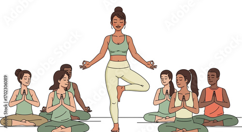 Illustration of a yoga class with diverse people practicing various yoga poses together