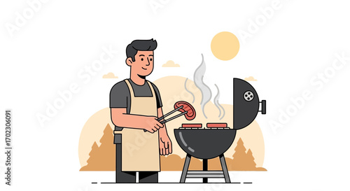 Man grilling sausages, barbecue time illustration in flat design for outdoor cooking activity
