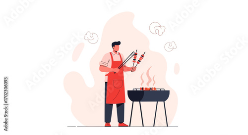 Man Grilling Shish Kebab On Charcoal Grill, Modern Flat Design Illustration