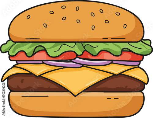 A detailed illustration of a delicious burger with multiple layers of ingredients.